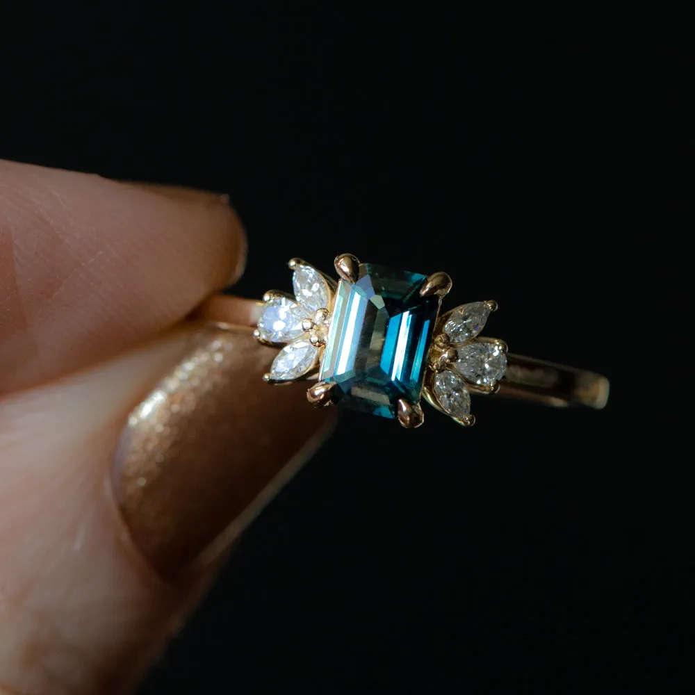 0.99ct Untreated Emerald Cut Blue Parti Sapphire and Lab Grown Diamond Cluster Ring in 14k Yellow Gold