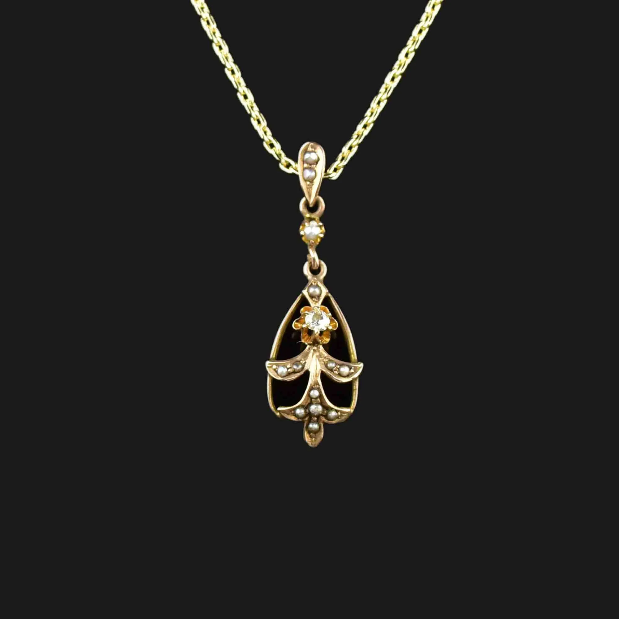 10K Gold Antique Diamond Pearl Lavaliere Necklace