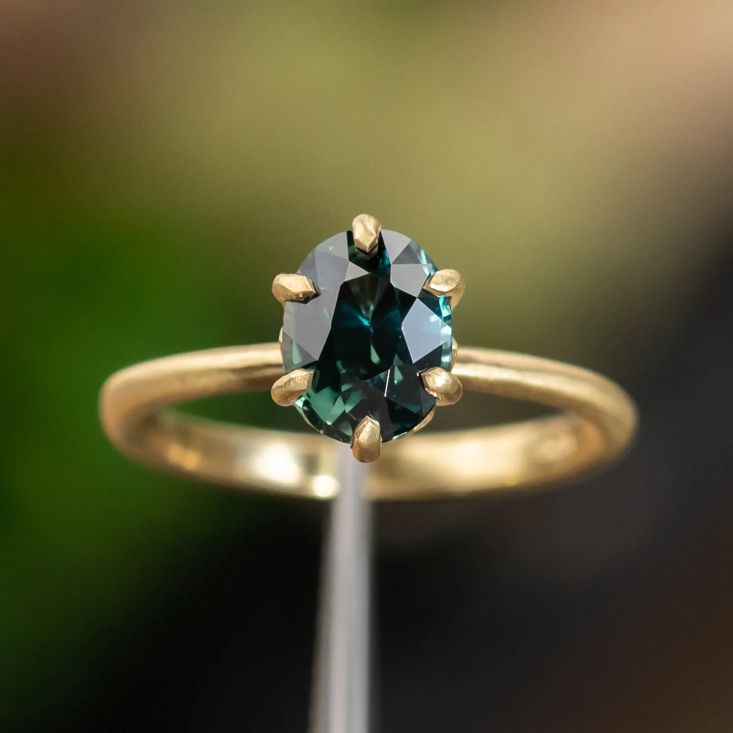 1.77ct Teal Oval Madagascar Sapphire Lotus Six Prong Solitaire in Satin 18k Yellow Gold