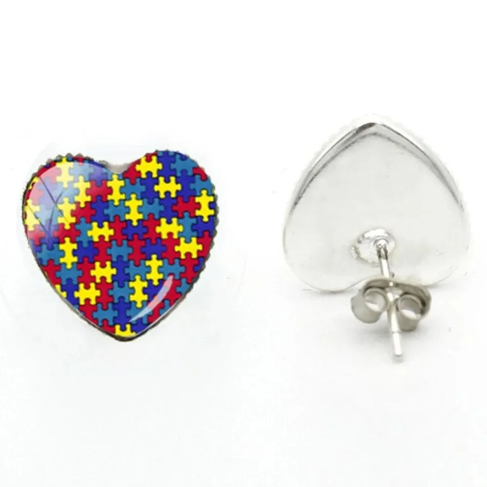 2020 New Autism Awareness Heart Earring Hand Craft Earrings Silver Glass Dome Photo Jewelry Art Ear Studs For Women