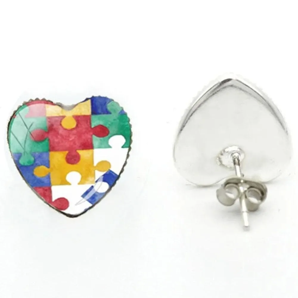 2020 New Autism Awareness Heart Earring Hand Craft Earrings Silver Glass Dome Photo Jewelry Art Ear Studs For Women