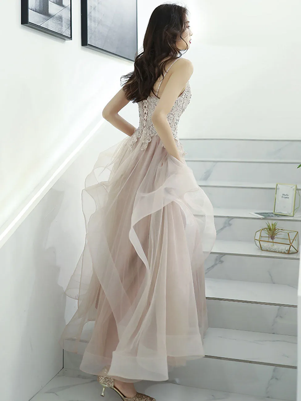 A-Line V Neck Pink Long Prom Dress, Pink Formal Graduation Dress with Lace Beading