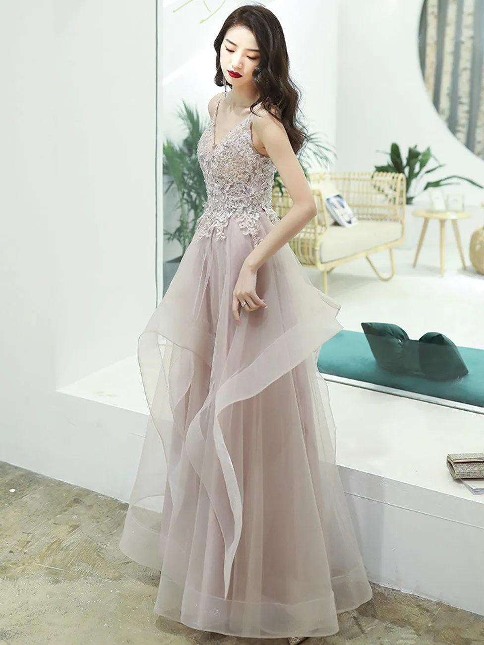 A-Line V Neck Pink Long Prom Dress, Pink Formal Graduation Dress with Lace Beading