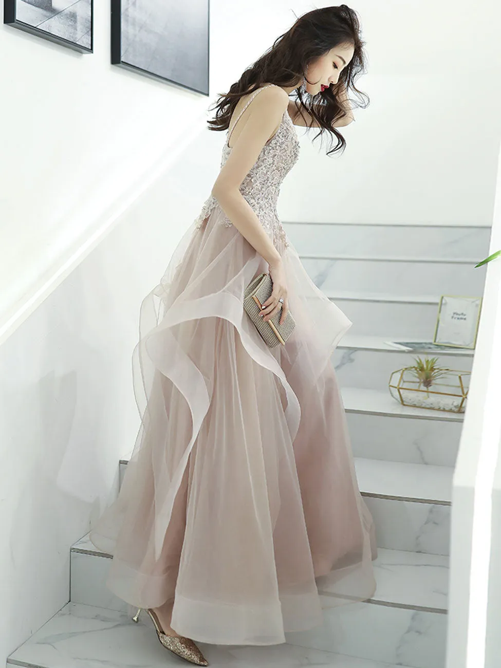 A-Line V Neck Pink Long Prom Dress, Pink Formal Graduation Dress with Lace Beading