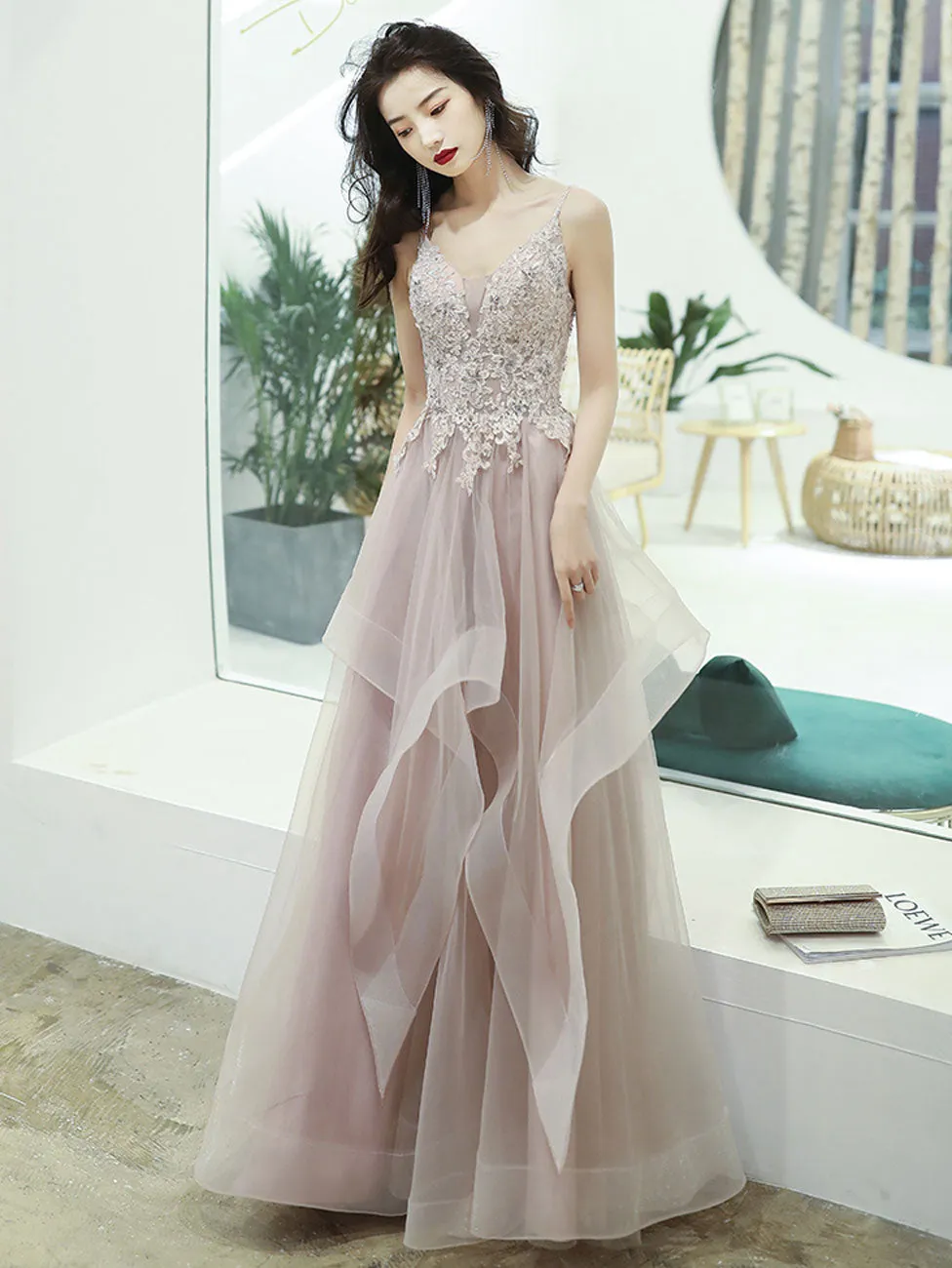 A-Line V Neck Pink Long Prom Dress, Pink Formal Graduation Dress with Lace Beading