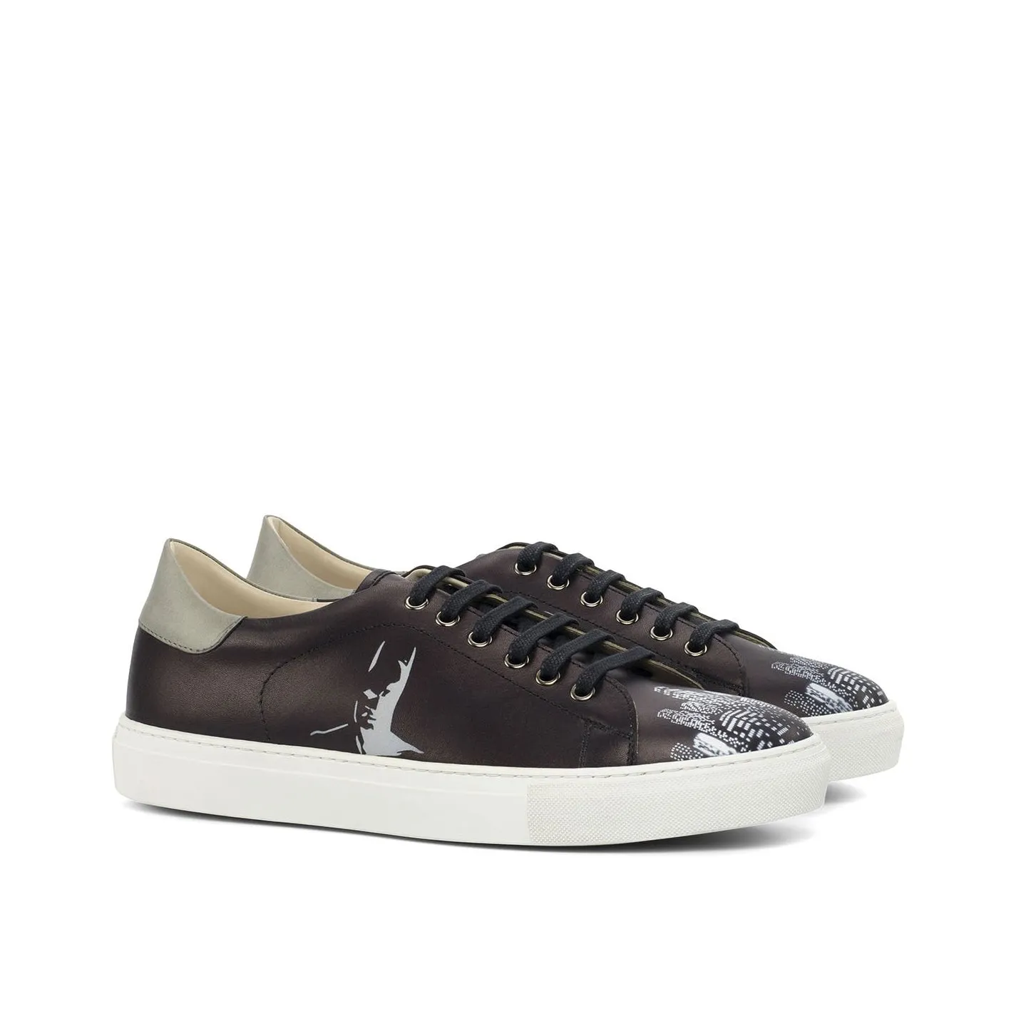 Ambrogio Bespoke Custom Men's Shoes Black & Gray Calf-Skin Leather Stencil Trainer Sneakers (AMB2159)