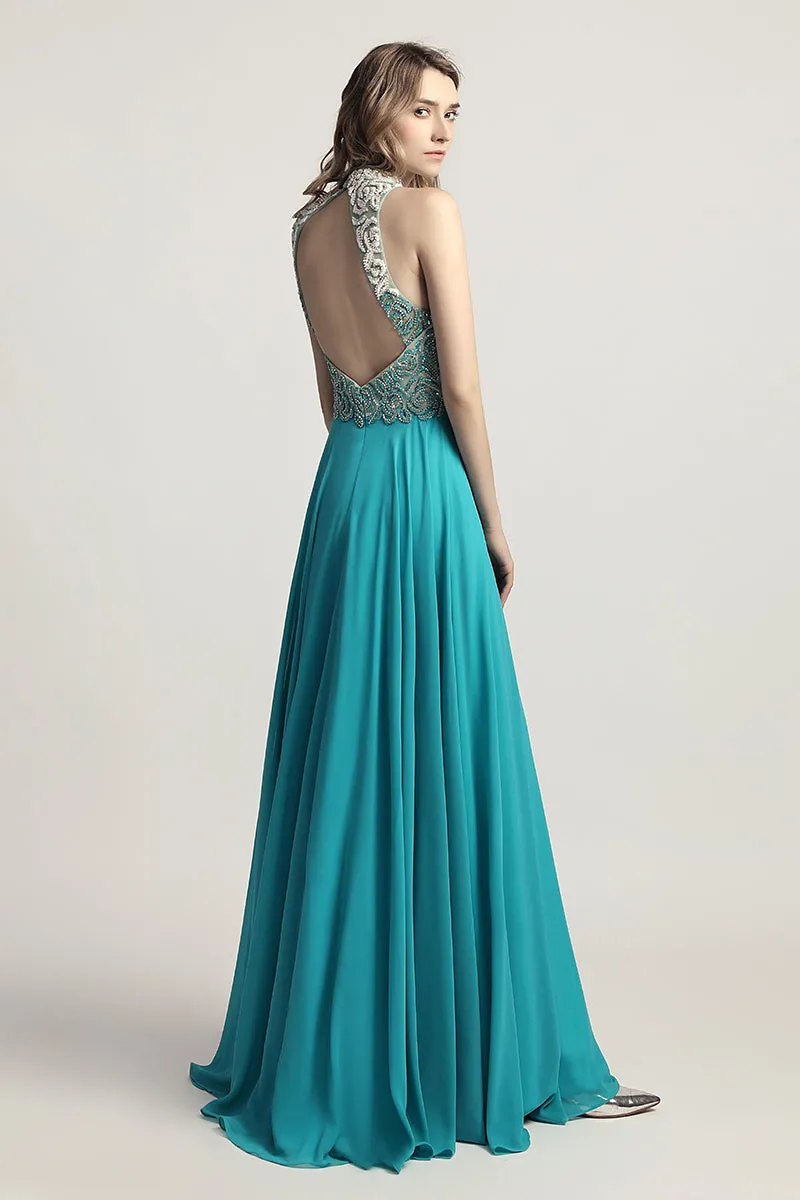 Aquamarine Chiffon Long Evening Dress Beading Top Prom Dress, LX419