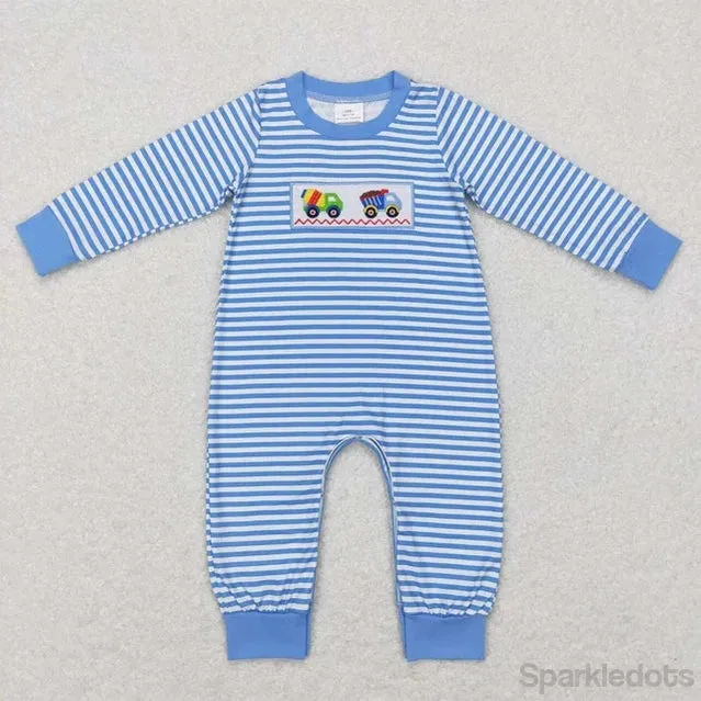 Baby Romper - Boys Applique - Construction Vehicles Blue Stripe