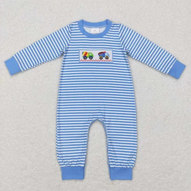 Baby Romper - Boys Applique - Construction Vehicles Blue Stripe