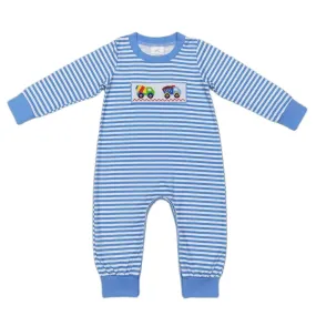 Baby Romper - Boys Applique - Construction Vehicles Blue Stripe