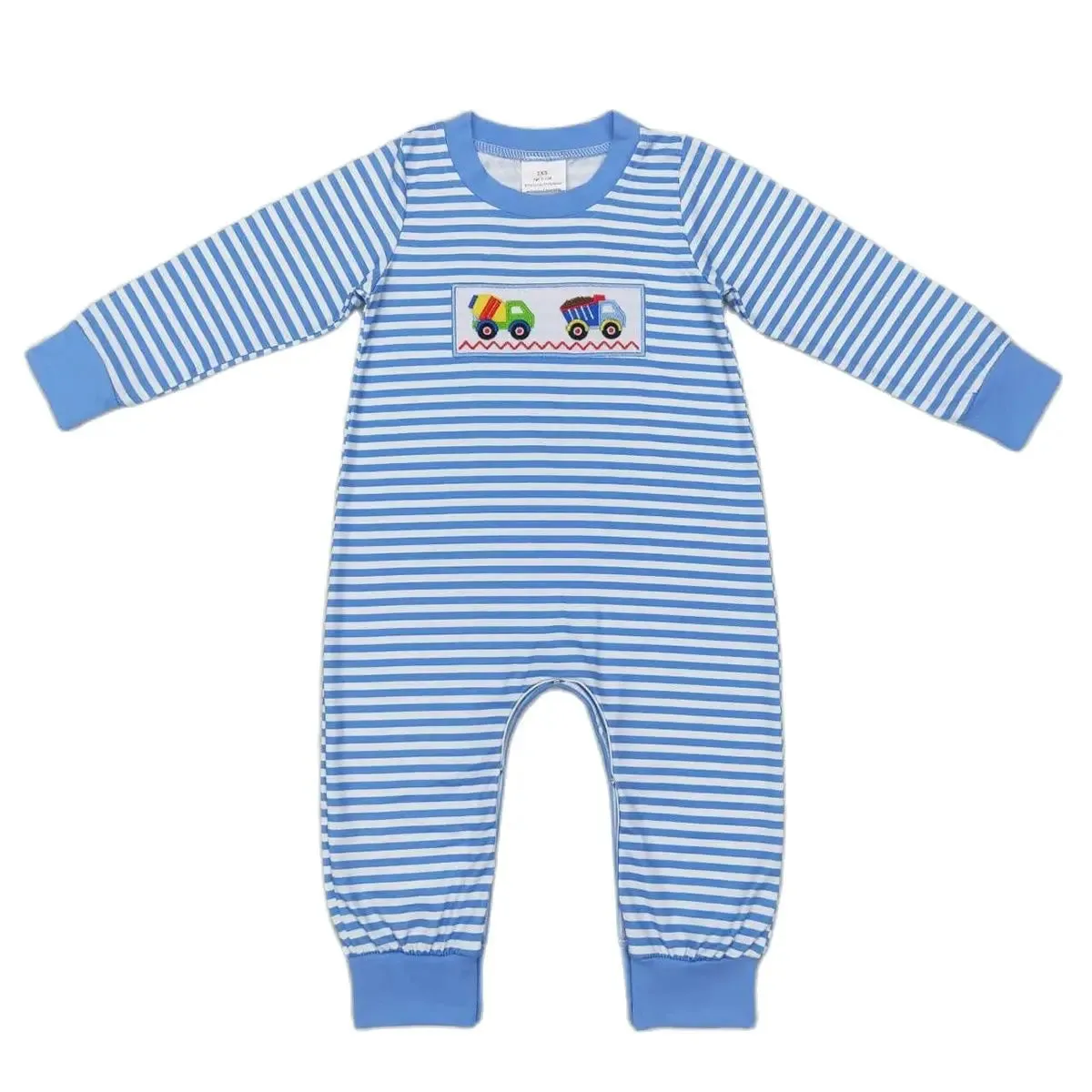 Baby Romper - Boys Applique - Construction Vehicles Blue Stripe