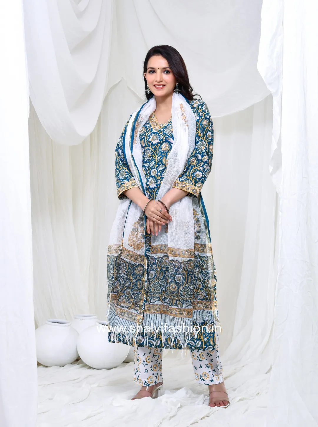 Bahar Hand Block Print Cotton Suit Set with Kota Doria Dupatta (CSS144KD)