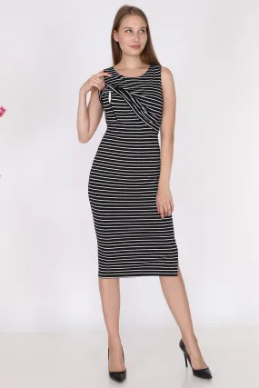 Black Striped Sleeveless Slit Breastfeeding Dress - Luvmabelly