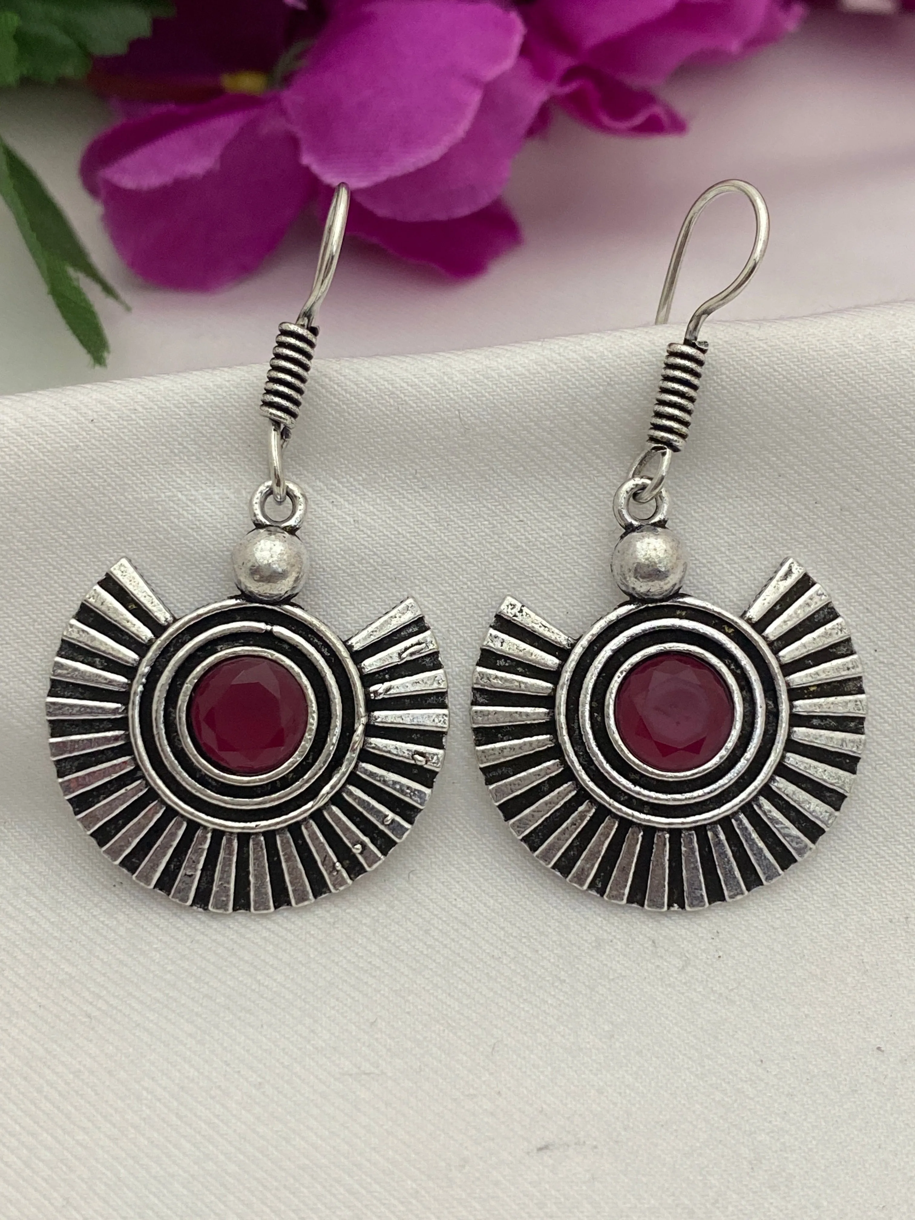 Charming Pink Stone Designer Oxidized Earrings For Women