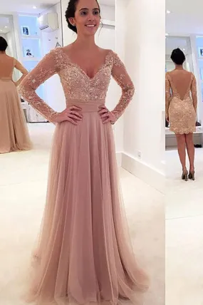 Charming V Neck Long Sleeves with Sequins Floor Length Tulle Prom Dresses