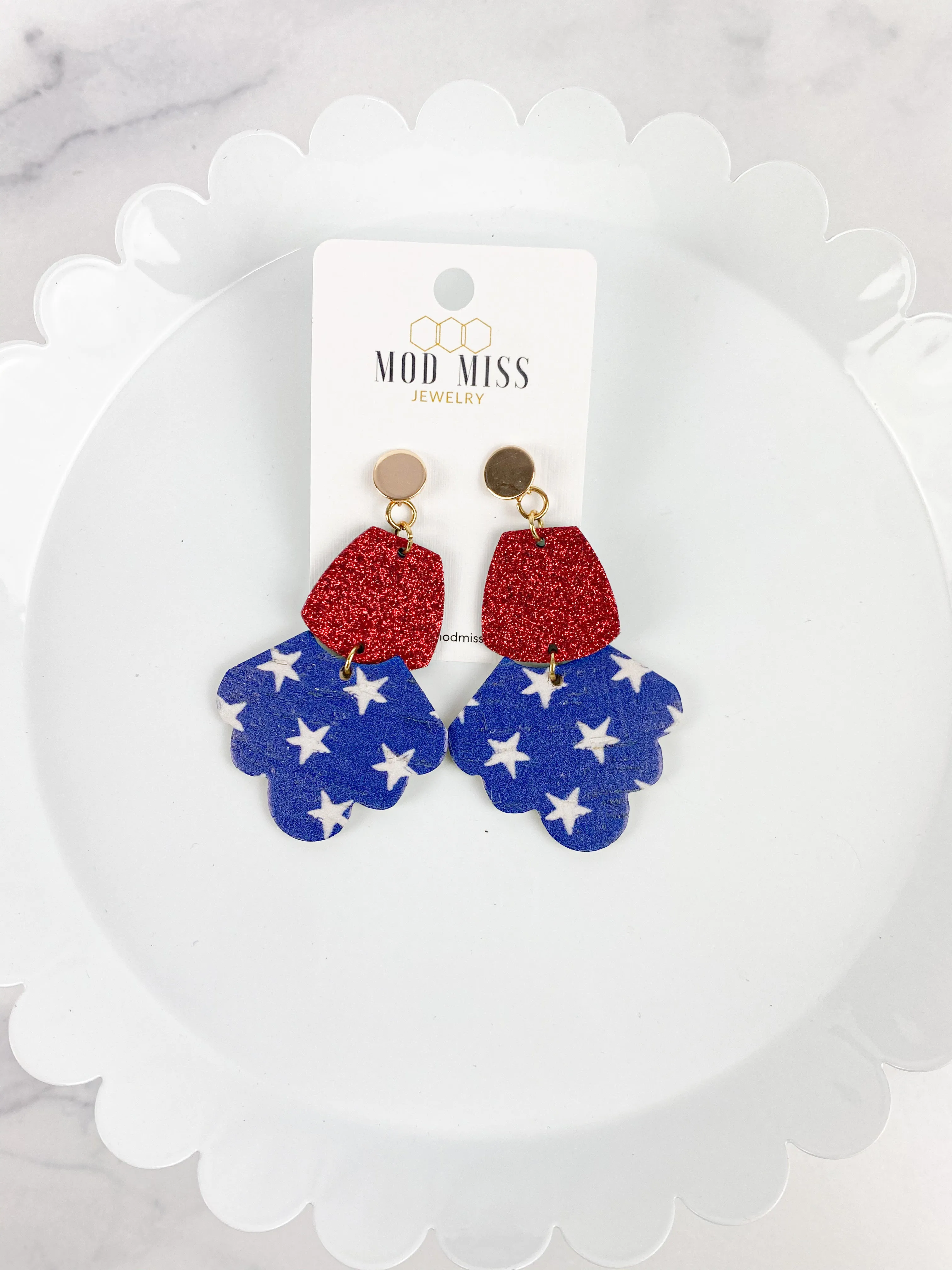 Cork Scalloped Stud Earrings Red Glitter   Stars