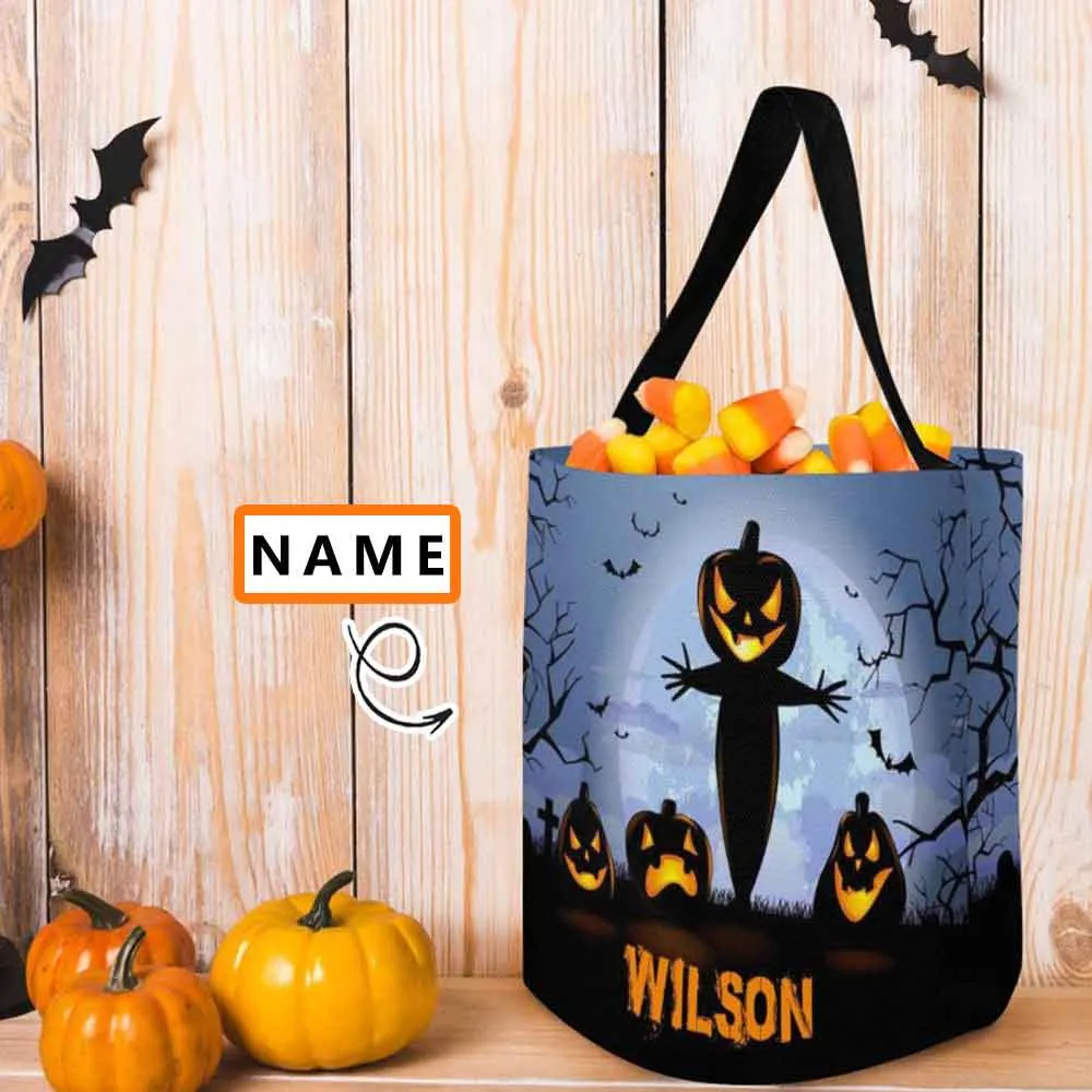 Custom Name Pumpkin Scarecrow Halloween Trick or Treat Colorful Tote Bags (8.26 x 7.87)