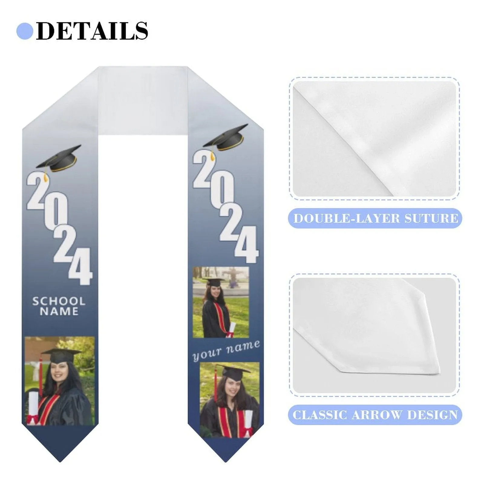 Custom Photo&Name Blue And White Graduation Stoles Sash Class of 2024 Graduation Gift