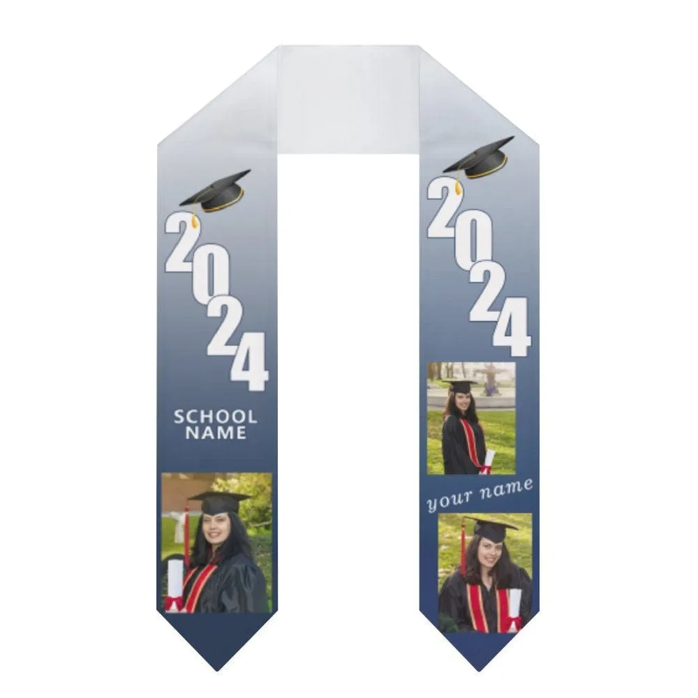 Custom Photo&Name Blue And White Graduation Stoles Sash Class of 2024 Graduation Gift