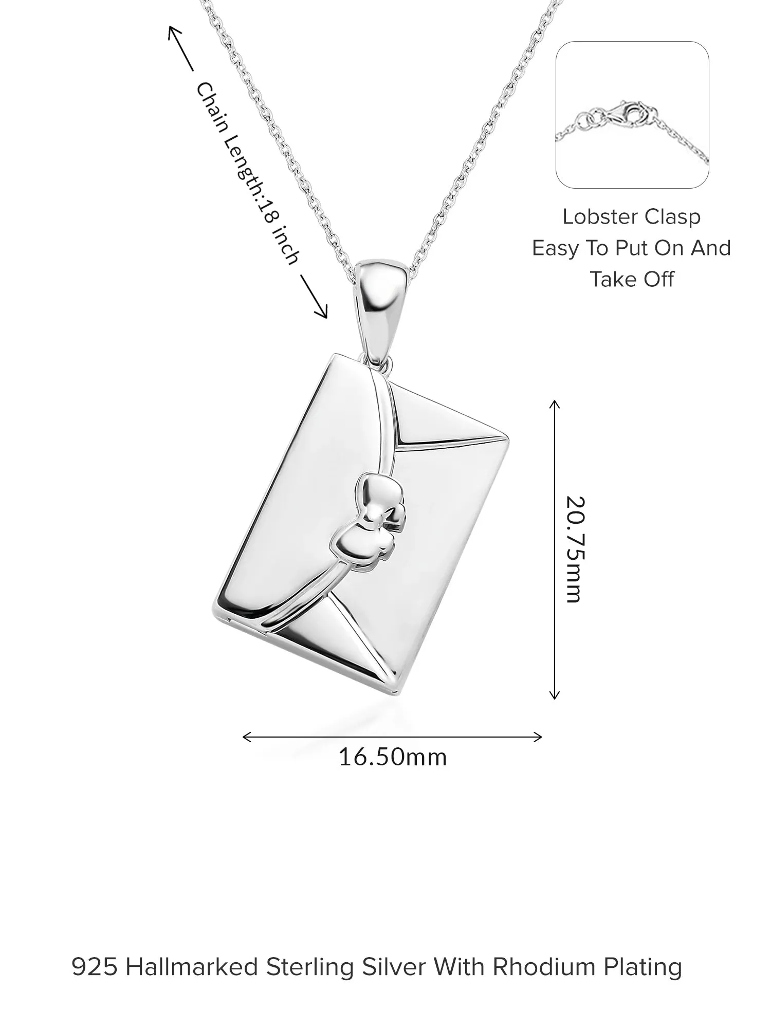 Envelope Engrave Pure 925 Silver Necklace for Women