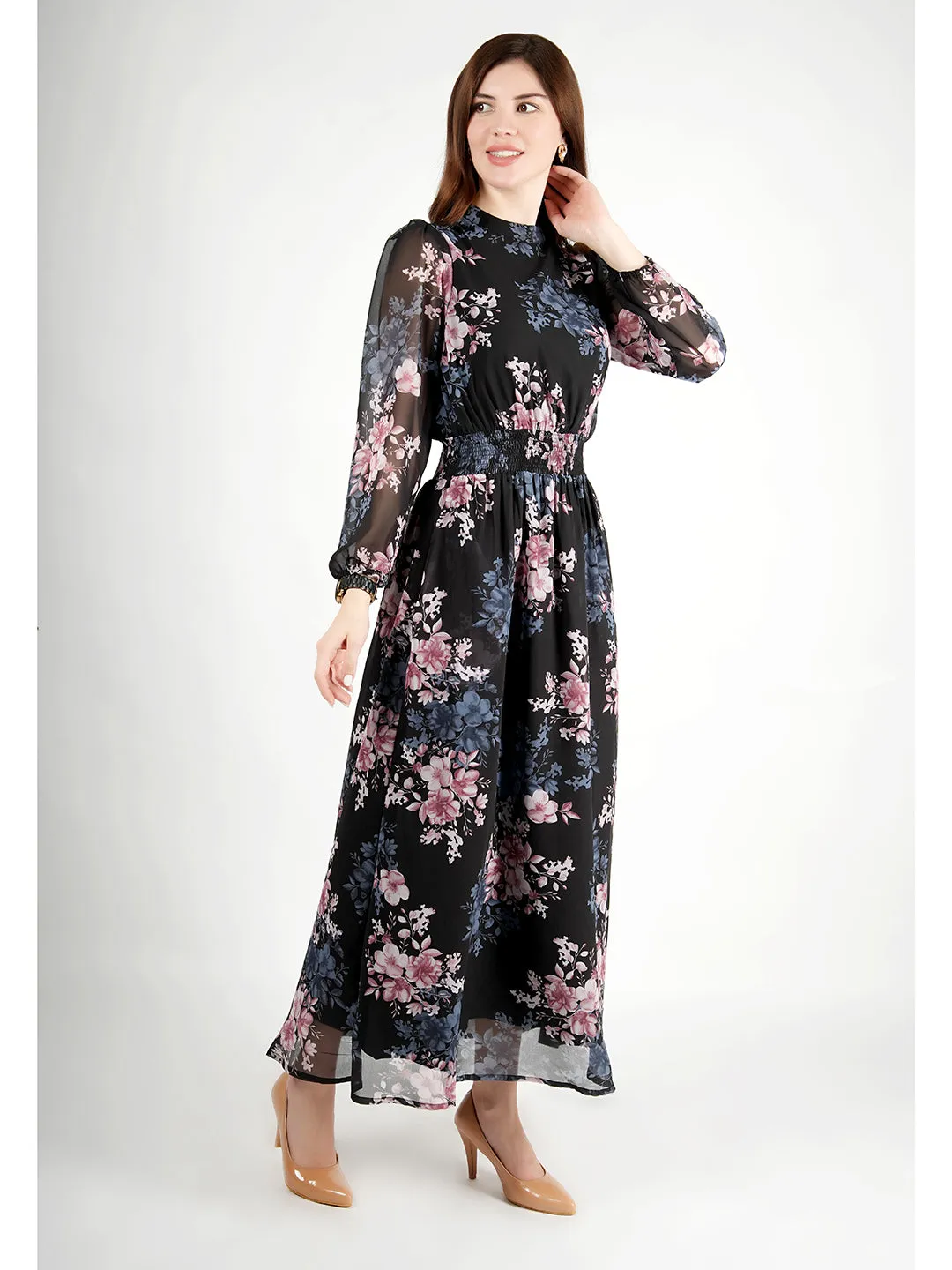 Exude Shimmer Black Floral Maxi Dress with Sleeves (Black)