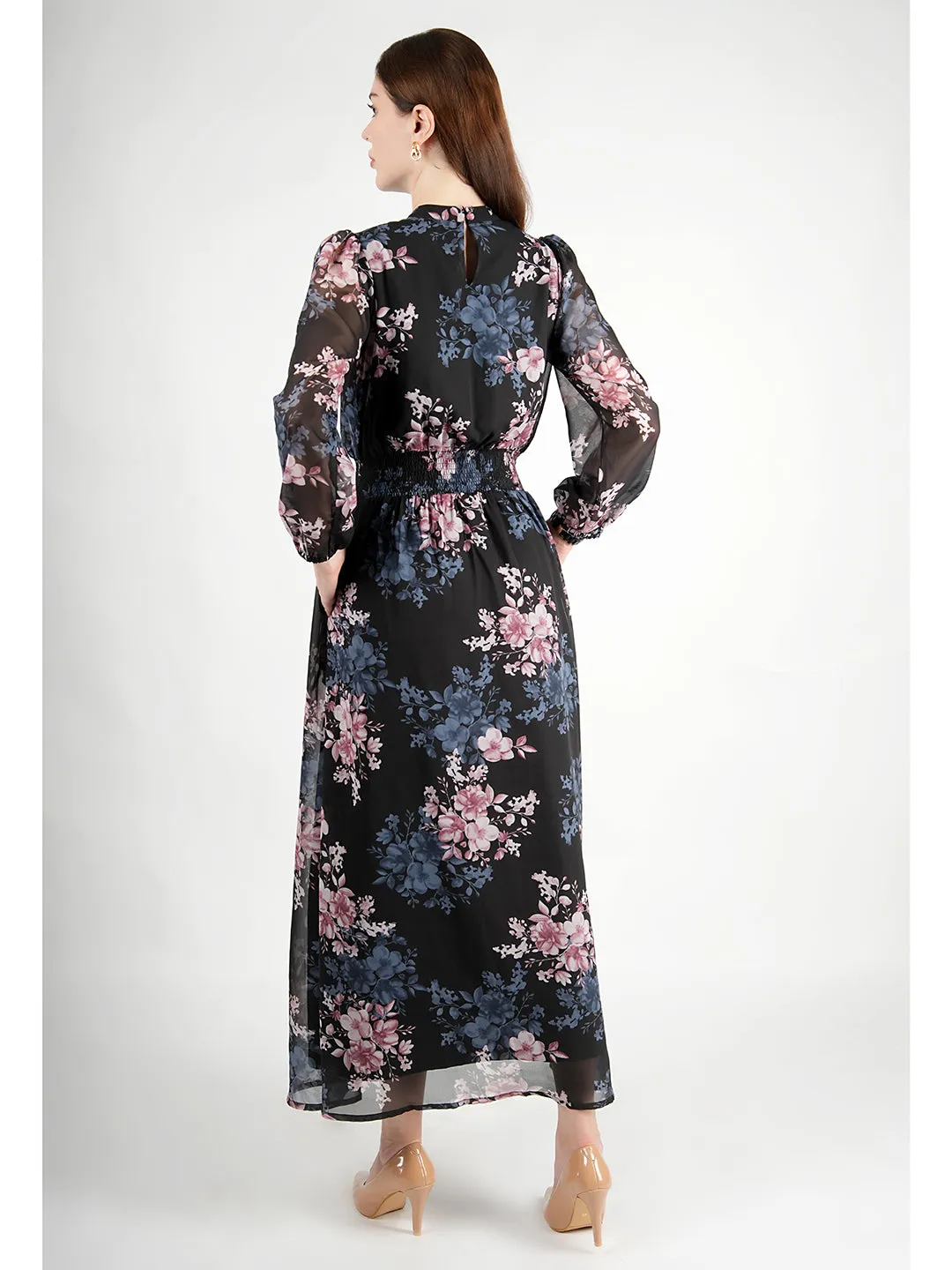 Exude Shimmer Black Floral Maxi Dress with Sleeves (Black)