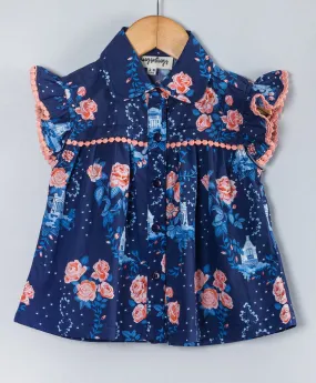 Floral print top with coral lace at yoke end n frills at armhole-Navy