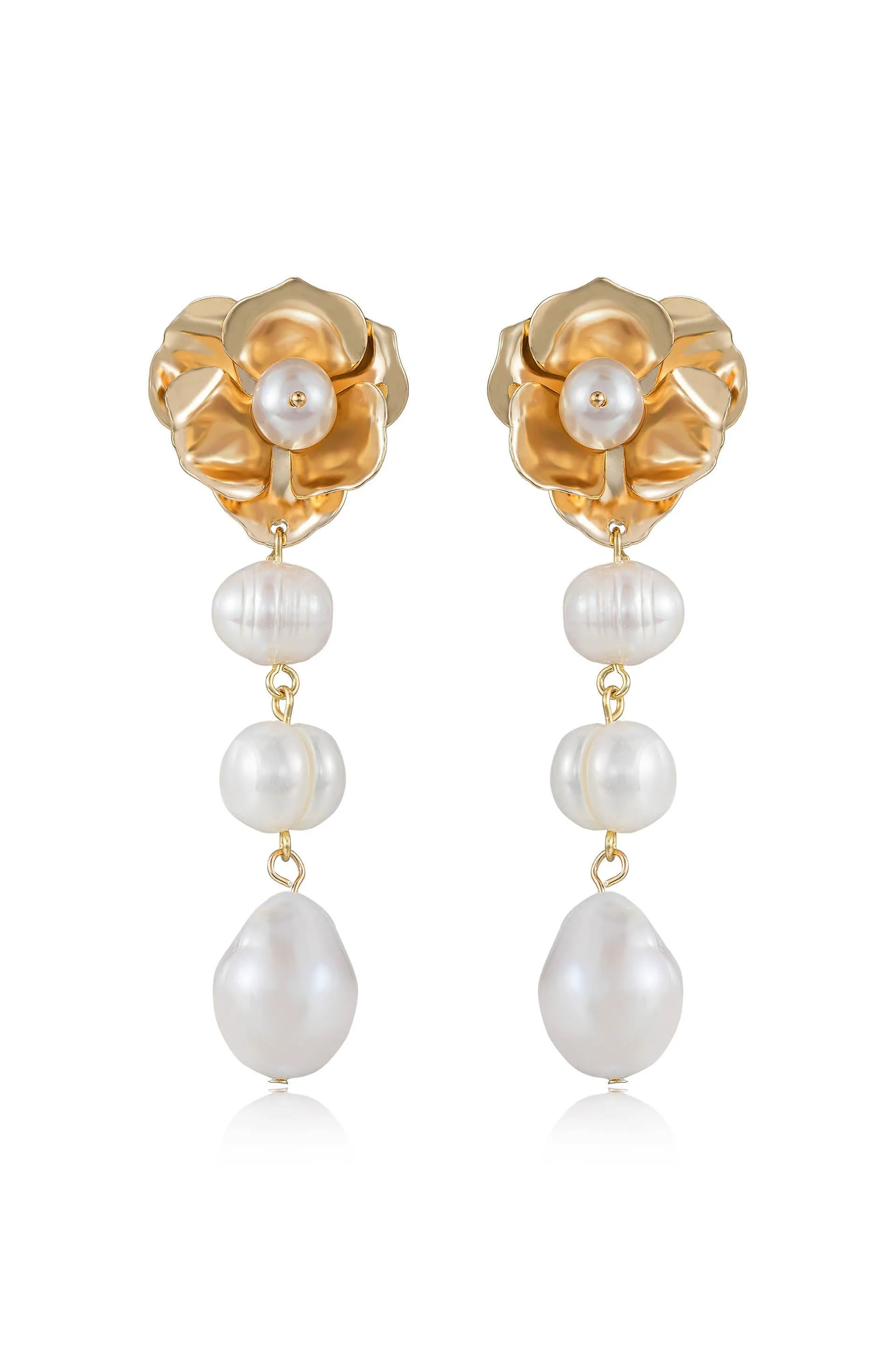 Golden Petals and Graduating Freshwater Pearl Earrings