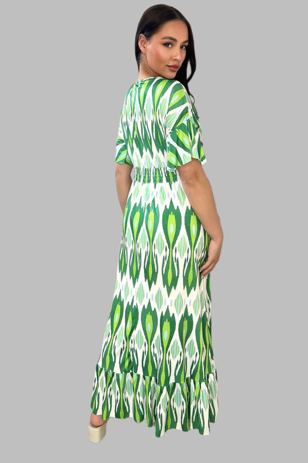 Green And White Kaleidoscope Print Shirred Waist Maxi Dress