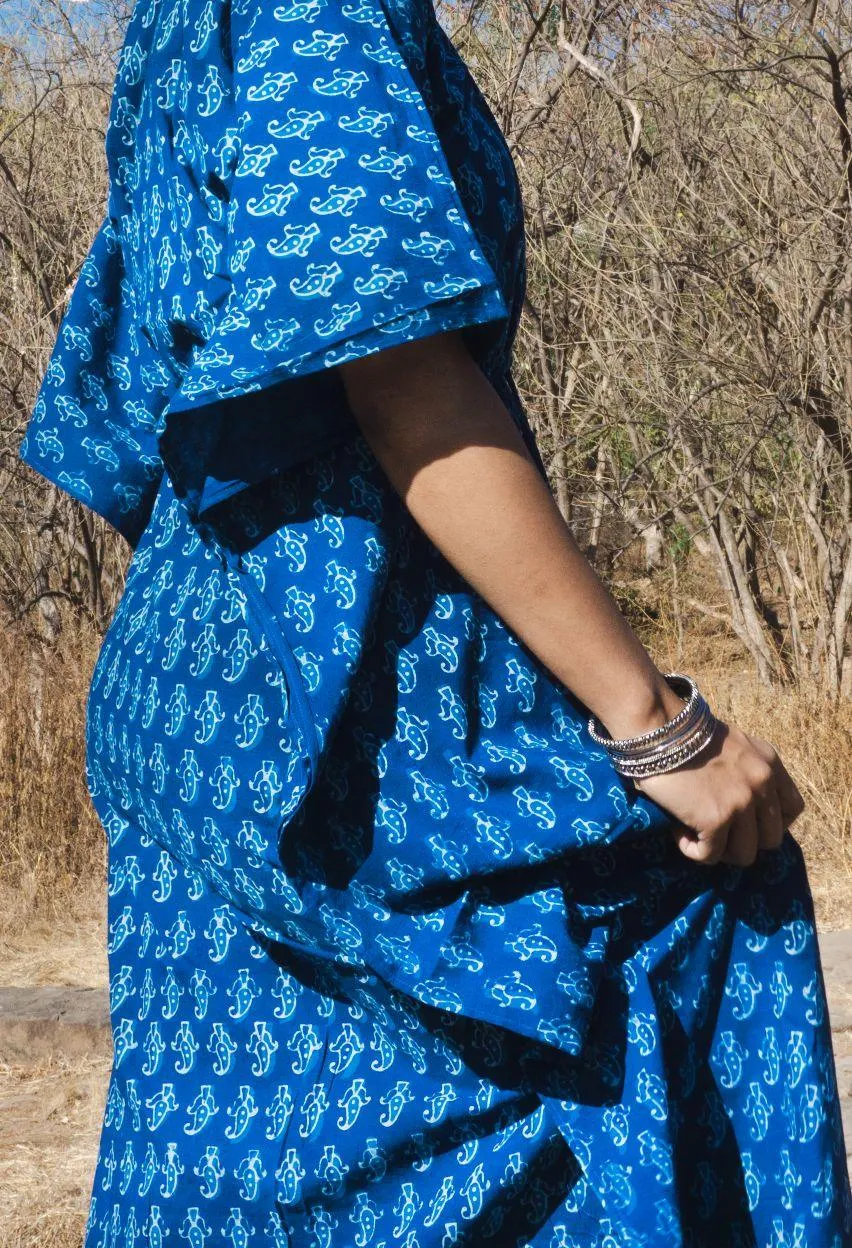 Kaisori Mulmul boota natural dyed Indigo block printed Kaftan