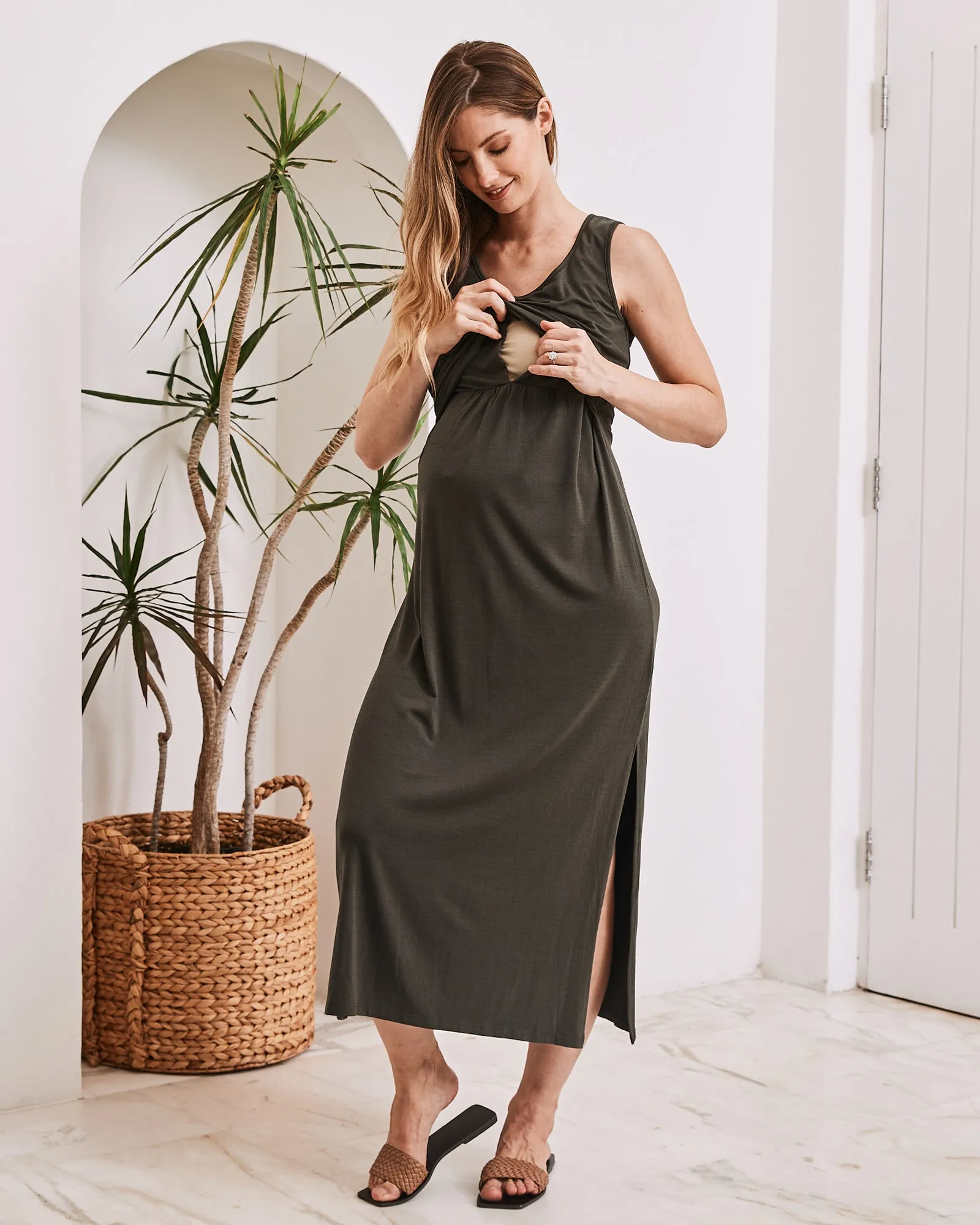 Martina Maternity & Nursing Maxi Dress in Khaki