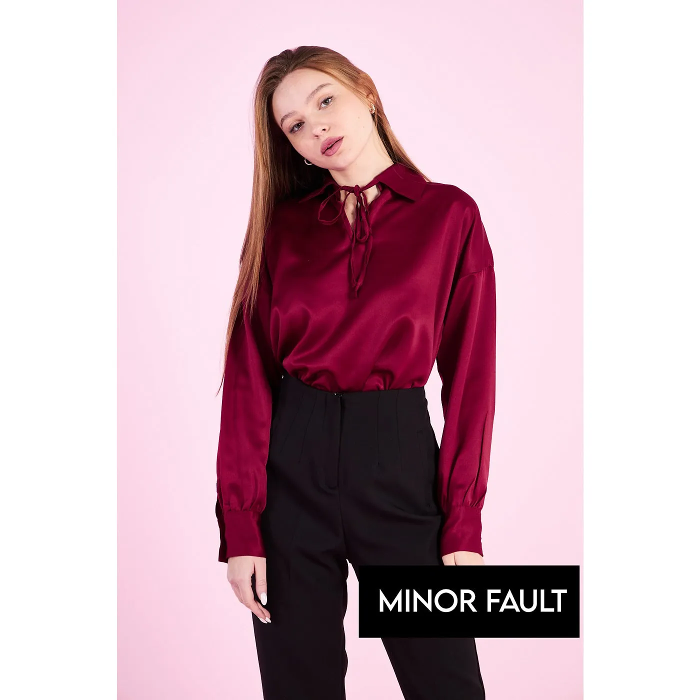 (Minor Fault) Burgundy Knotted Collar Satin Top