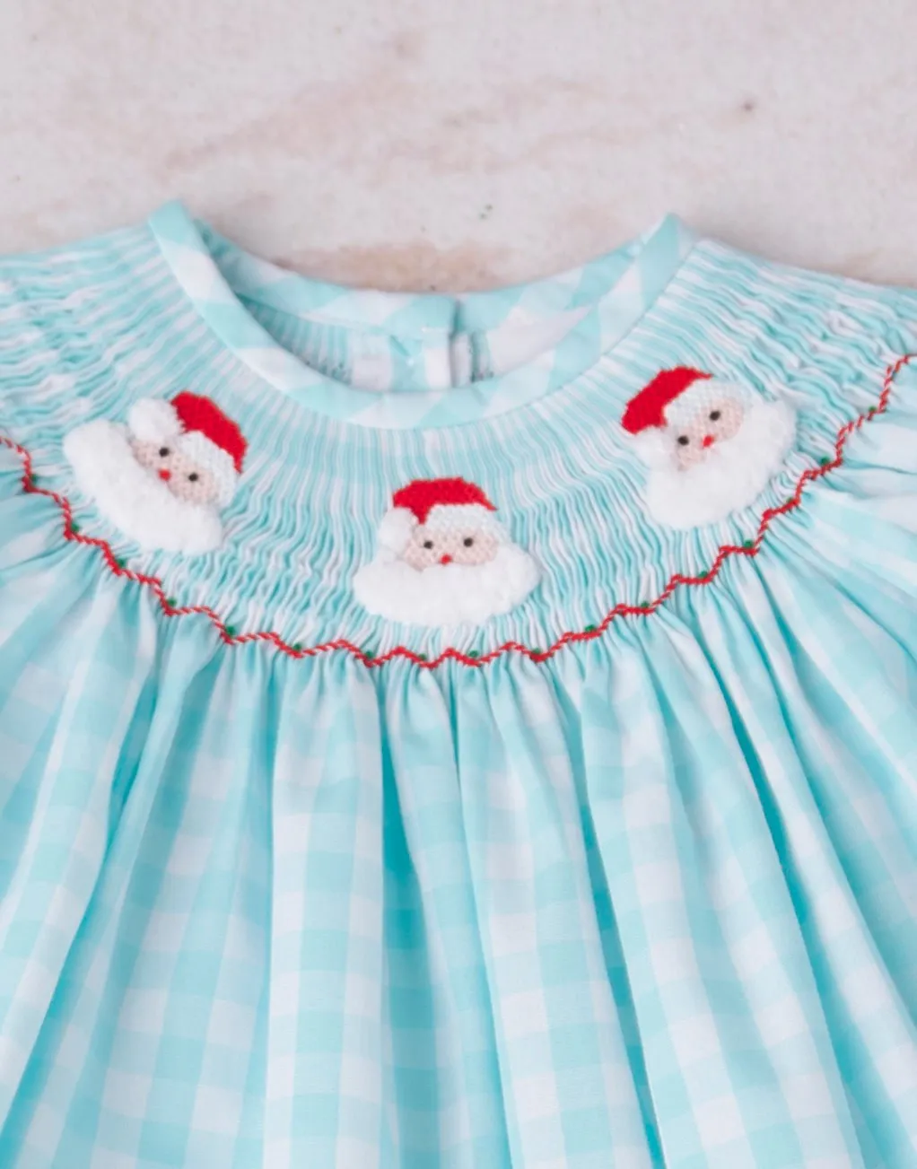 SANTA SMOCKED BISHOP DRESS AQUA GINGHAM