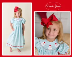 SANTA SMOCKED BISHOP DRESS AQUA GINGHAM