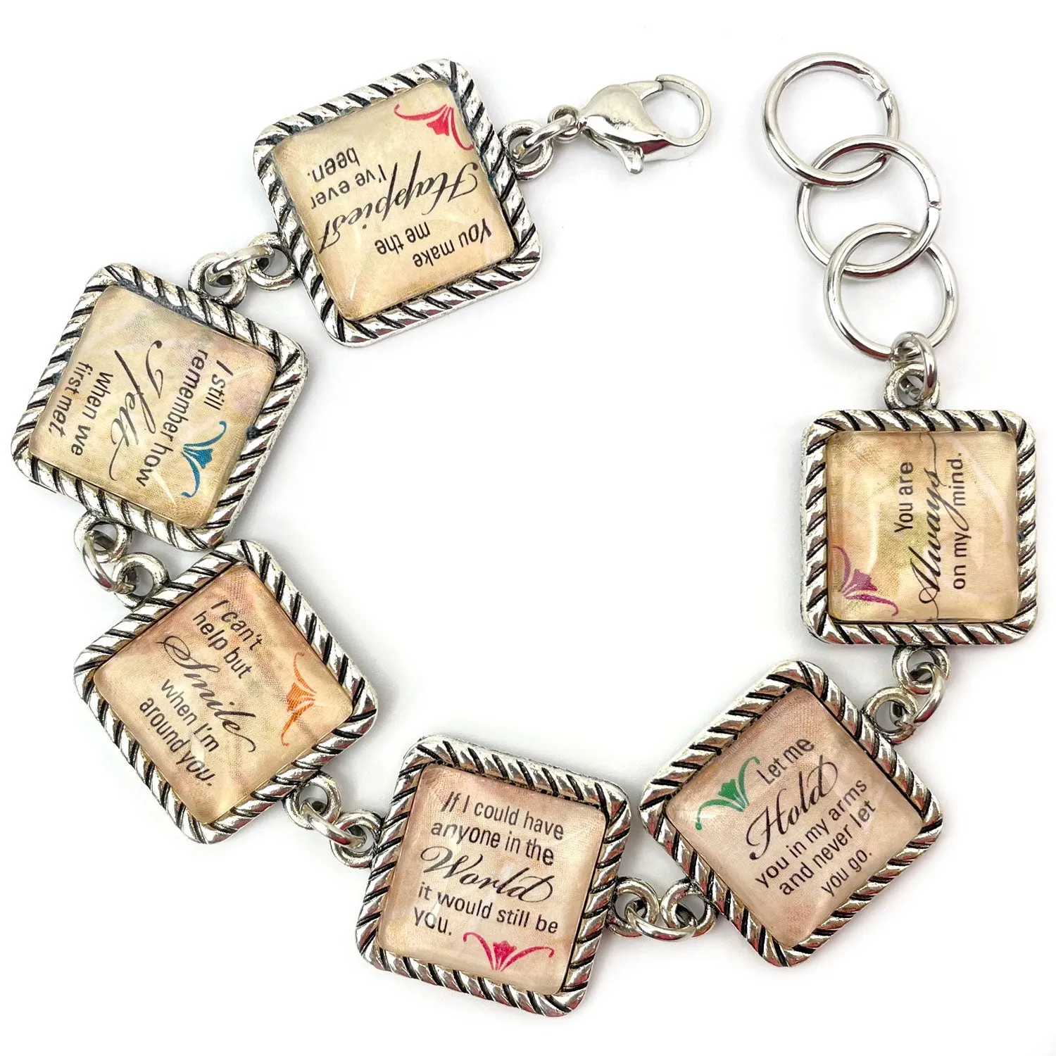 To the Woman I Love – Personalized Charm Bracelet, Square Antique Silver Twist Edge Design