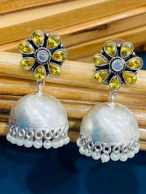 Traditional Yellow Color Floral Designed Light Weight Silver Plated Oxidized Jhumka Earrings With Pearl Beads