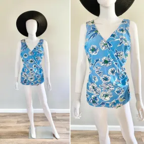 Vintage 1950s Blue Floral Swimsuit / 50s retro bathing suit one piece VLV pin up Size M